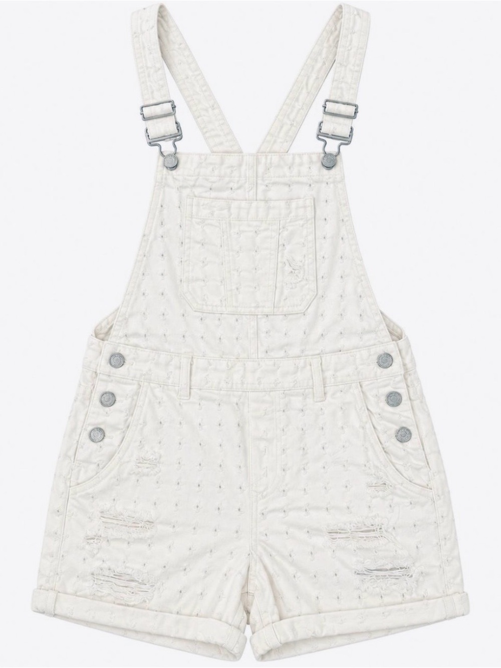 Ivory Eyelet Distressed Denim Short Overalls Romper